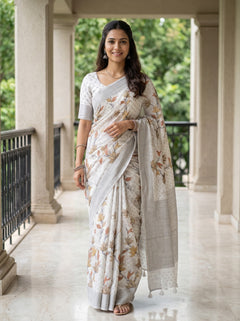 Semi Linen Off White Floral Leaf Printed Saree with Botanical Pallu