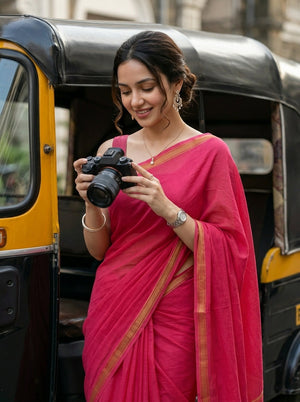 Mul Mul Cotton Rani Pink Plain Saree with Golden Zari Border