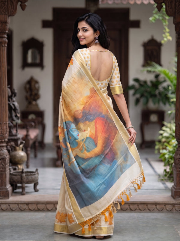 Tissue Cream Lord Krishna & Radha Print Pallu Set Saree