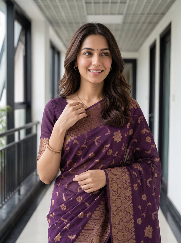 Cotton Silk Purple Gold Jacquard Floral Border Saree