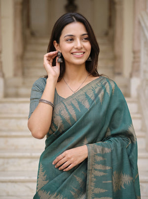 Semi Silk Bottle Green Pine Forest Print Saree with Tassels