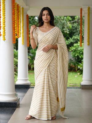 Cotton White Golden Vertical Stripe Weave Traditional Onam Festive Kerala Saree