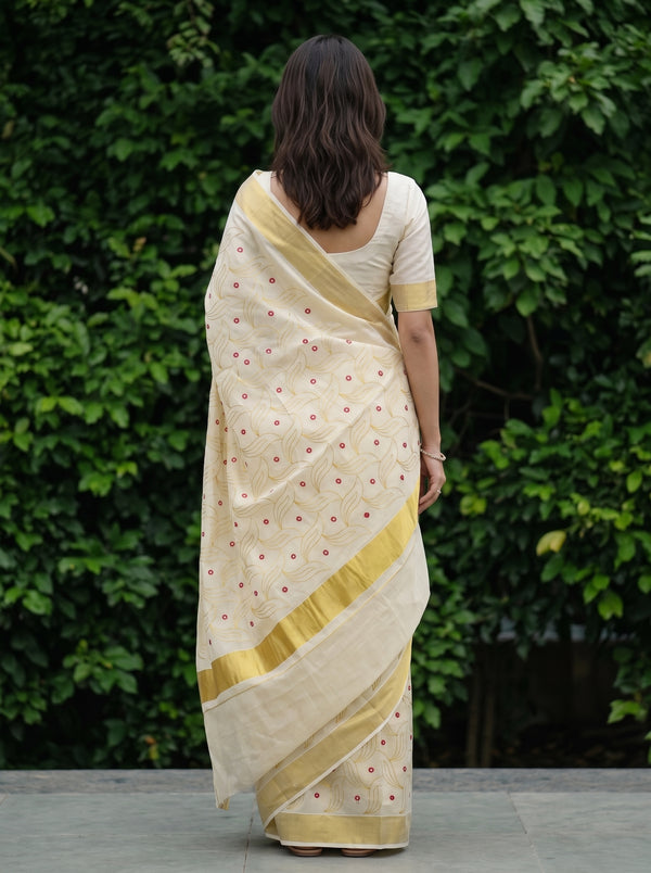 Tissue Cream Embroidered Leaf Kerala Kasavu Saree with Red Mirror Work