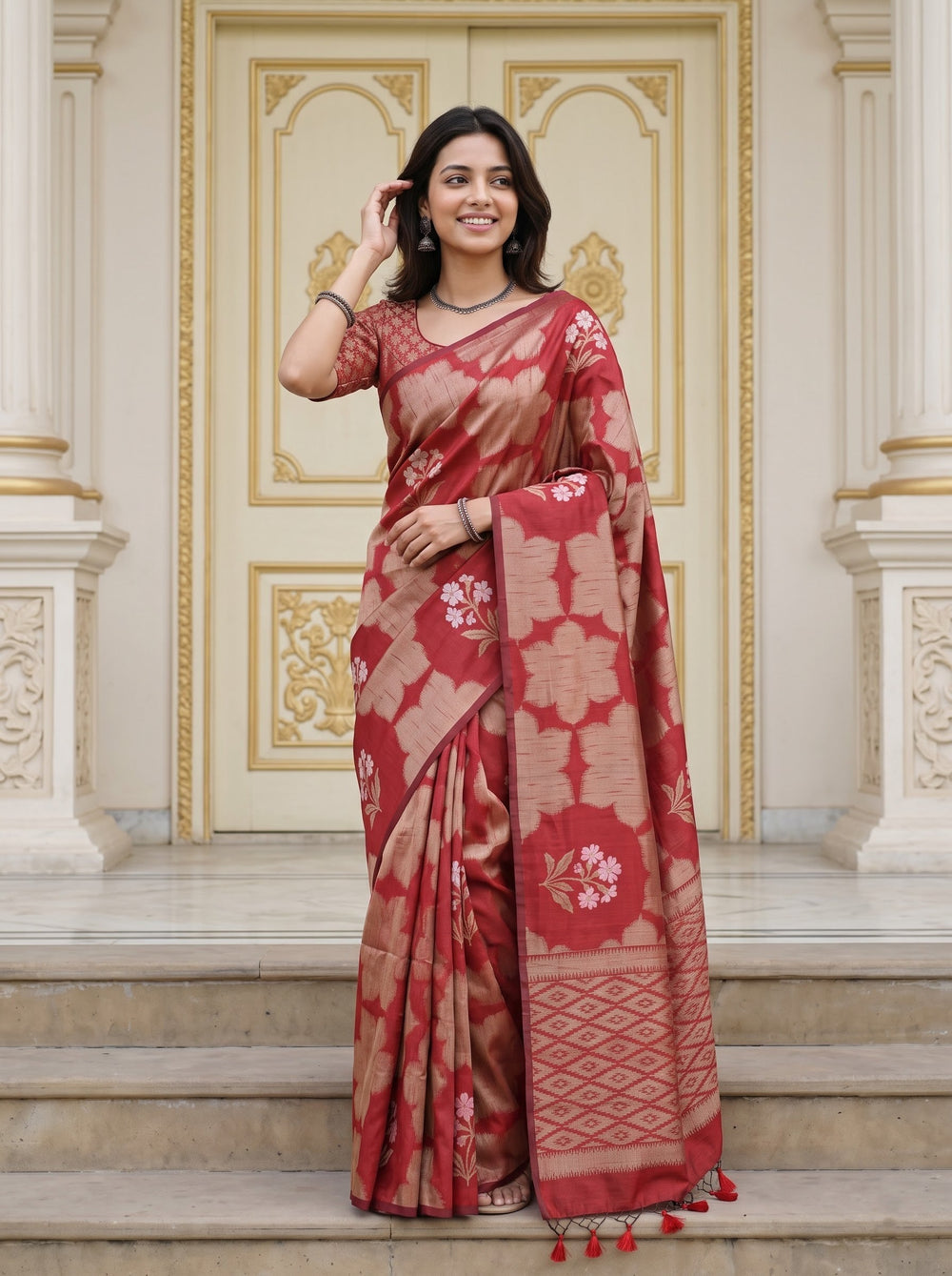 Semi Silk Red Floral Bouquet Medallion Print Saree with Tassels