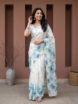 Chanderi Cotton Cream Saree with Blue Watercolor Floral Print
