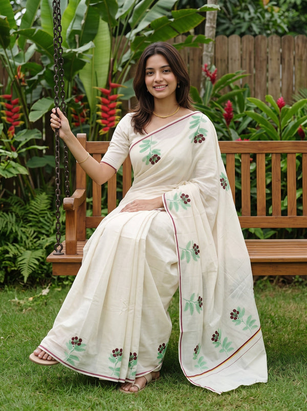 Cotton Cream Floral Printed with Green Leaf & Maroon Flower Motifs Onam Special Kerala Saree