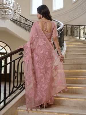 Organza Pink Floral Vine Embroidery Saree with Tassels