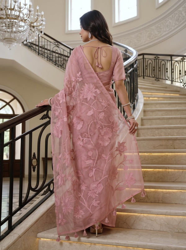 Organza Pink Floral Vine Embroidery Saree with Tassels