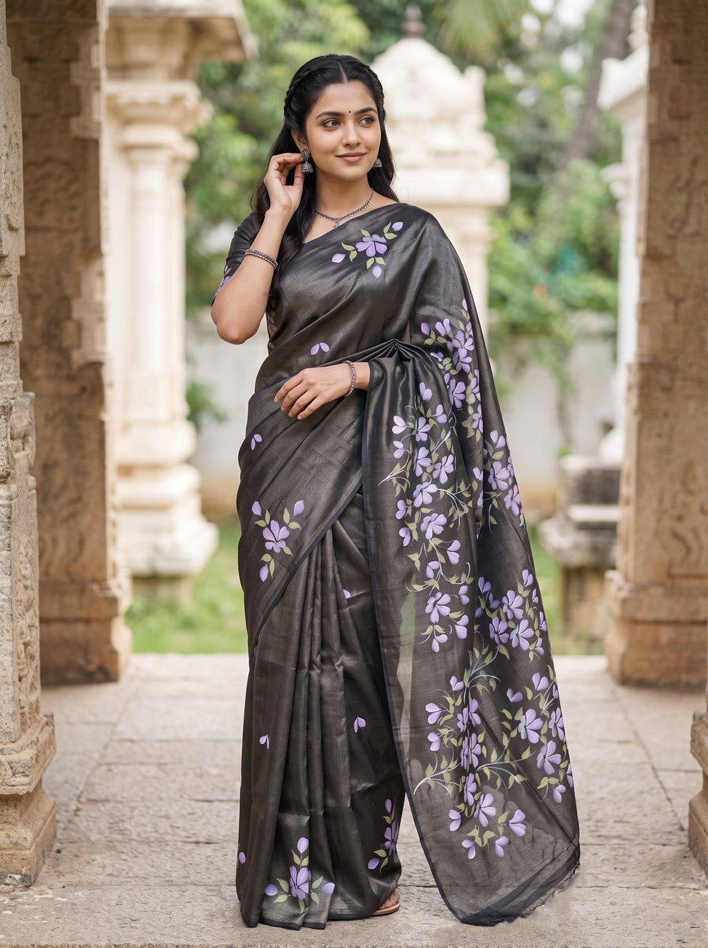Tussar Silk Black Saree with Hand Painted Floral Brush Print Pallu