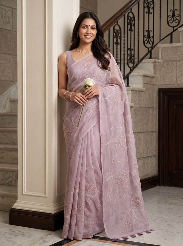 Organza Mauve Saree with Floral Vine Embroidery