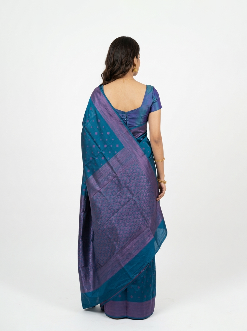 Semi Silk Peacock Blue Small Butti Saree