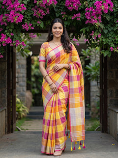 Linen Yellow Orange Pink Madras Kattam Tasseled Saree