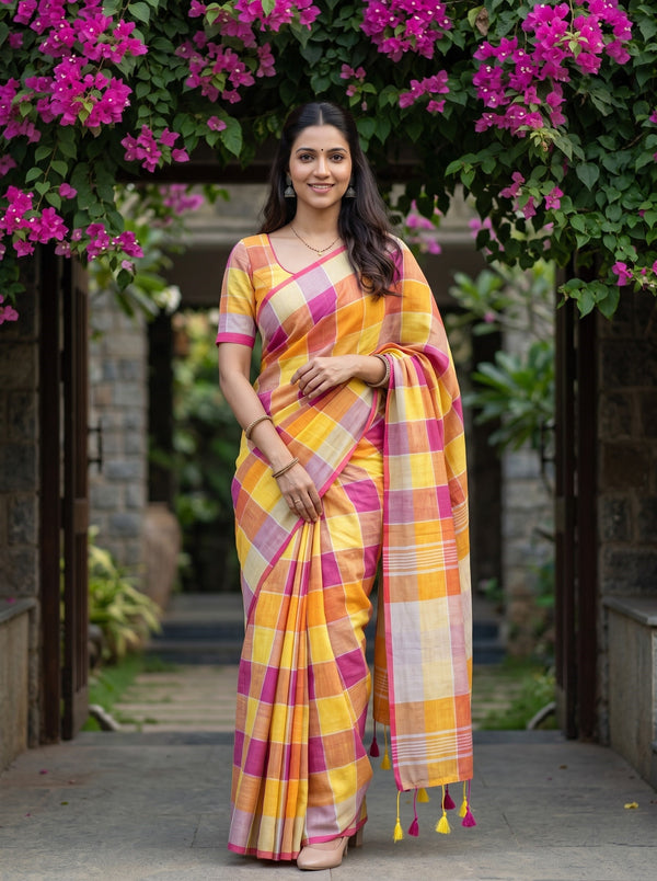 Linen Yellow Orange Pink Madras Kattam Tasseled Saree