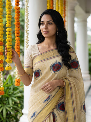 Tissue  Golden Pinstripe Circular Motif with Multi-Stripe Border Onam Special Kerala Saree