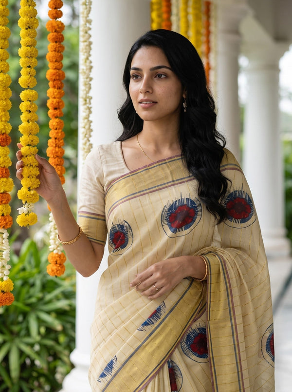 Tissue  Golden Pinstripe Circular Motif with Multi-Stripe Border Onam Special Kerala Saree