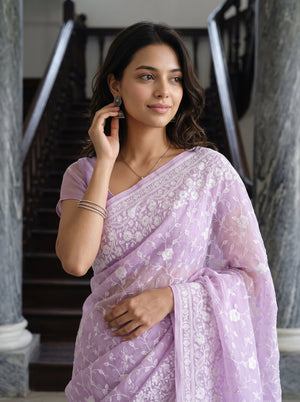 Organza Lavender White Floral Vine Embroidery Border Saree