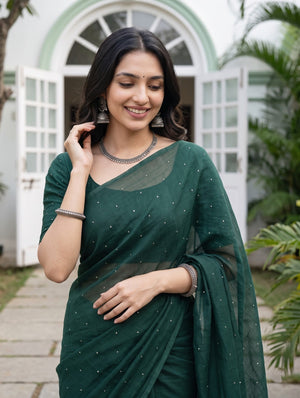 Mul Chanderi Bottle Green Gold Sequin Dot Saree
