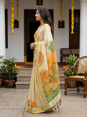 Tissue Cream Mural Onam Theme Pallu Figure Print Set Saree with Tassels