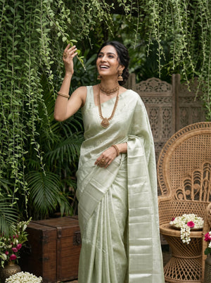 Kanjivaram Tissue Silk Sage Green All-Over Self-Tone Jaal Saree with Wide Zari Border