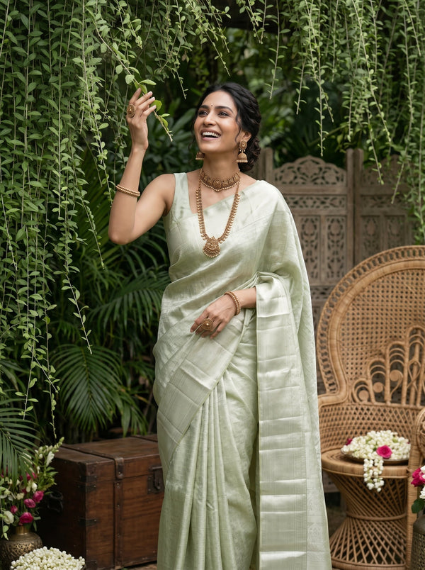 Kanjivaram Tissue Silk Sage Green All-Over Self-Tone Jaal Saree with Wide Zari Border