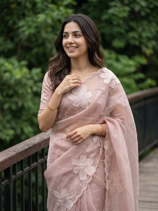 Tissue Silk Mauve Saree with Scattered Magnolia Flower Embroidery