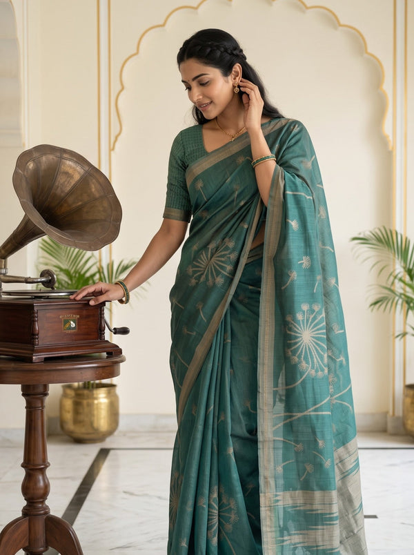 Matka Silk Green Dandelion Print Saree