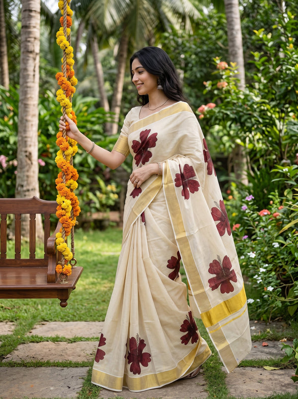 A woman wearing a cream-colored cotton saree with dark red floral prints and a yellow border, standing in a lush garden next to a wooden swing decorated with marigold garlands.
