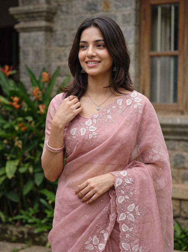 Organza Pink Saree with Sequin Embroidery and Scalloped Edge