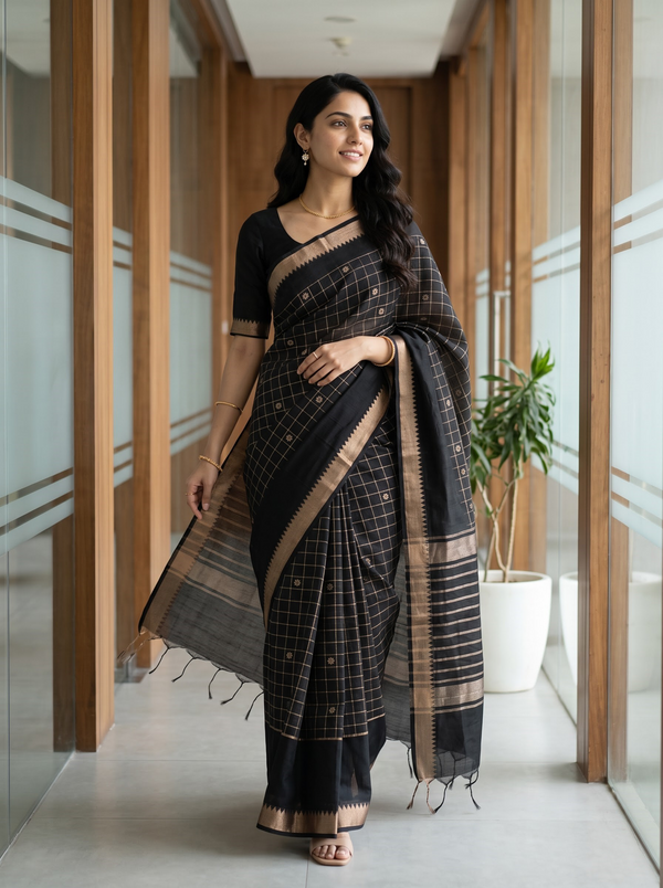 Chanderi Cotton Black Check Weave Saree with Silver Zari Striped Pallu