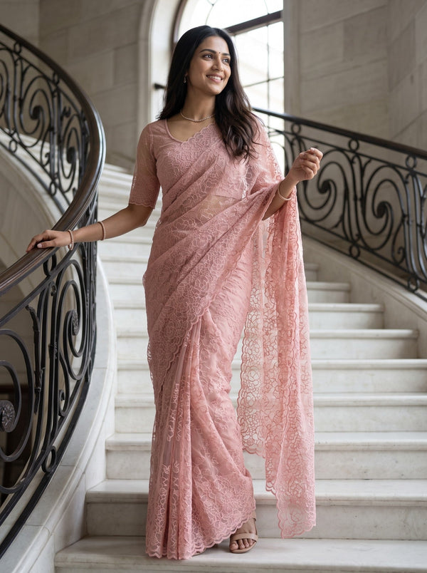 Organza Blush Pink Floral Embroidered Saree
