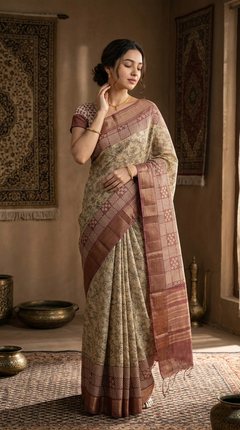 Woman in a traditional saree standing in a room with decorative elements.