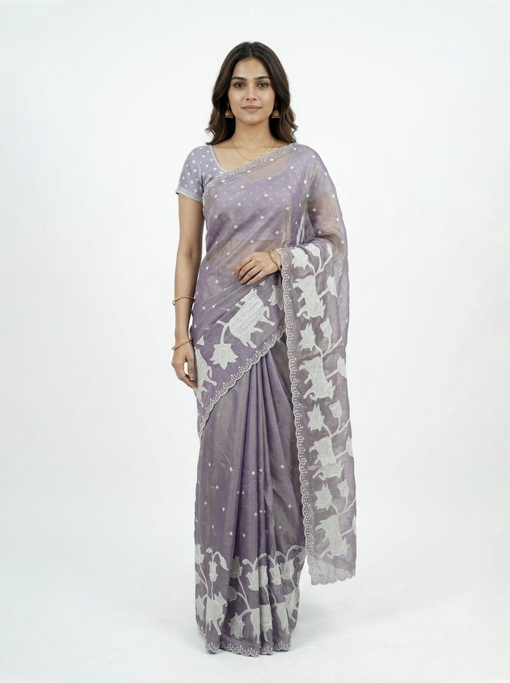 Shimmer Organza Lavender Grey Animal Motif Print Saree with Pearl Scalloped Border