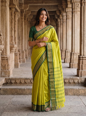 Semi Silk Yellow Saree with Green Zari Floral Border