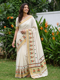 Cotton Cream Orange Lotus Print Kerala Saree with Green Polka Dot Border