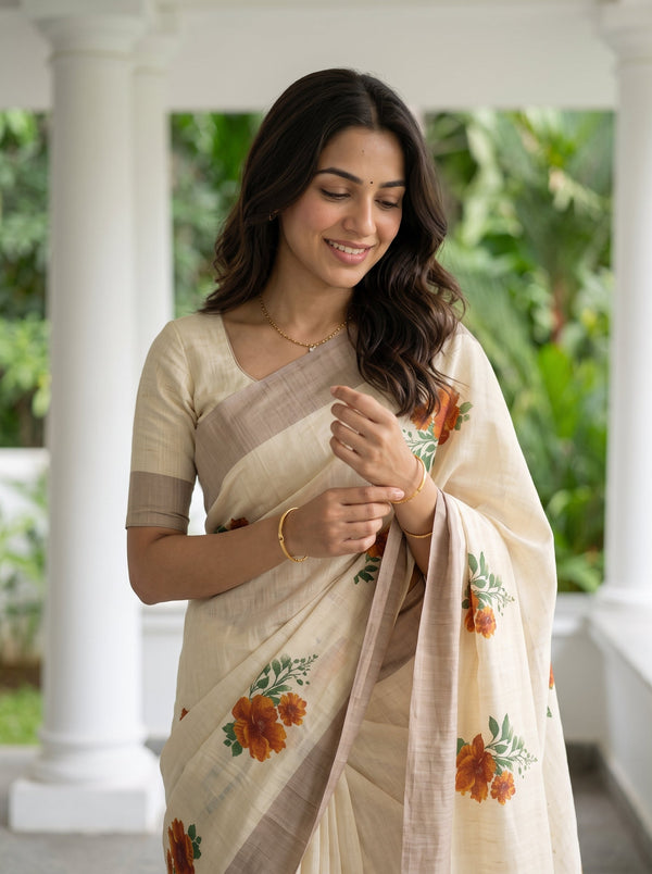 Tissue Cream Orange MariGolden Floral Print Kerala Saree with Tassels