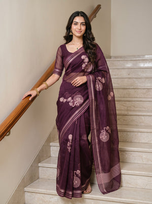 Organza Wine Purple Floral Bonsai Print Saree