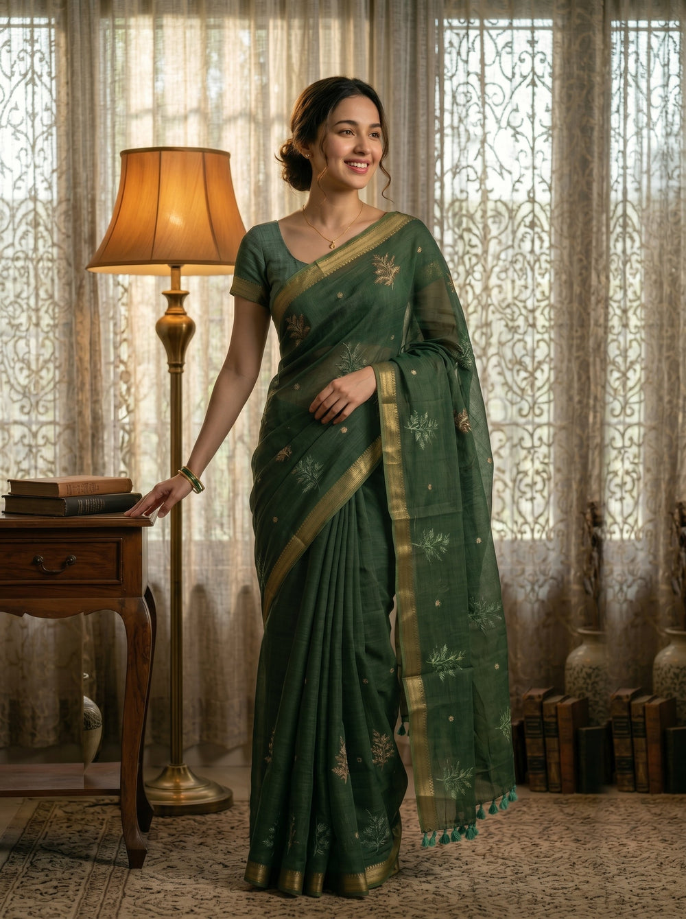 Woman in a green saree standing in a room with a lamp and books.