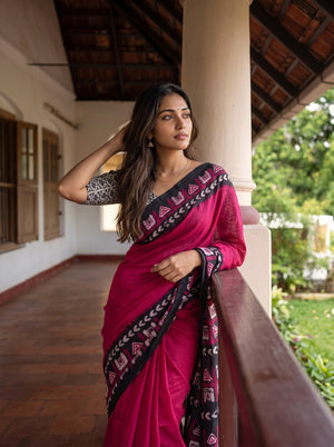 Mul Cotton Black Tribal Batik Print Saree