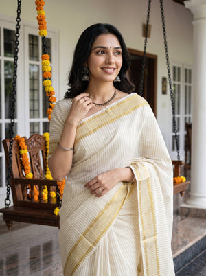 Cotton Cream Golden Pinstripe Zigzag Border Onam Special Kerala Saree