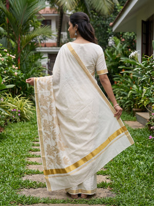 Cotton Cream Golden Bird Floral Embroidered Pallu Kasavu Border Kerala Saree