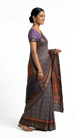 Soft Cotton Blue Ethnic Ajrakh Design Saree