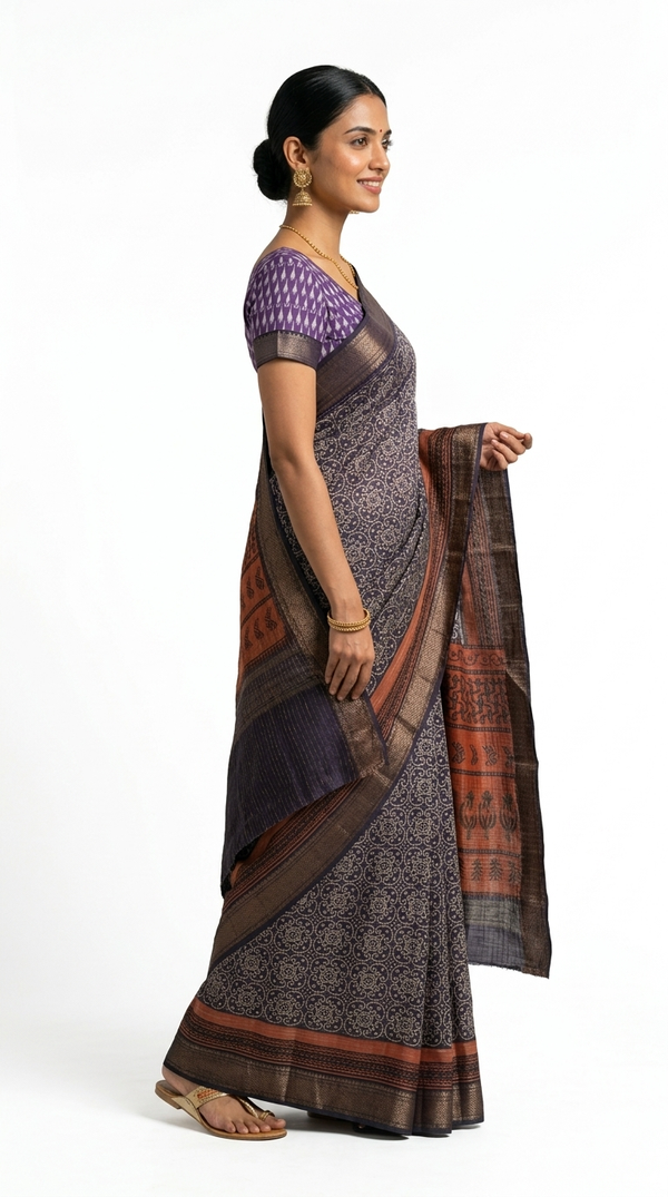 Soft Cotton Blue Ethnic Ajrakh Design Saree