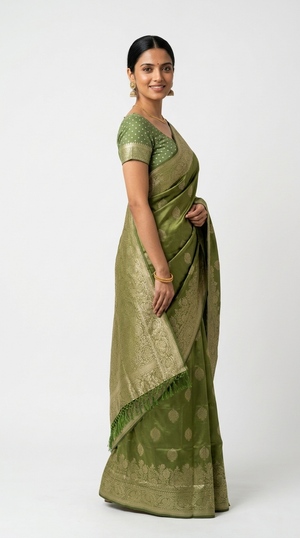 Art Silk Olive Green Zari Butta Saree