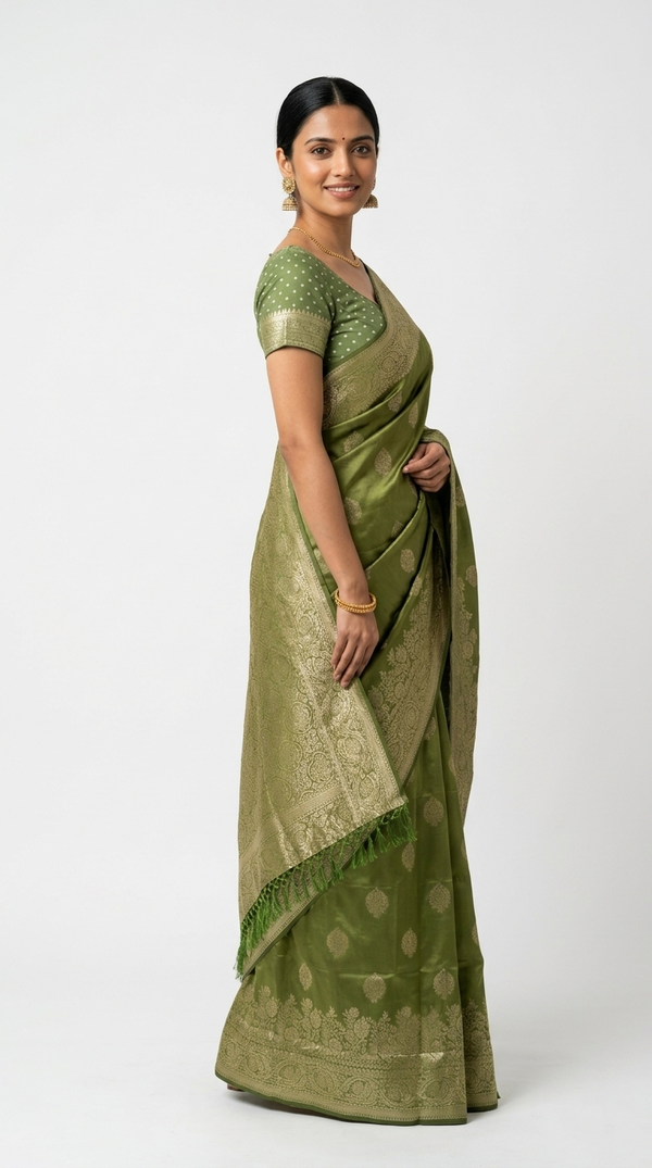 Art Silk Olive Green Zari Butta Saree
