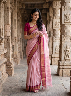 Semi Silk Pink Saree with Maroon Zari Floral Border