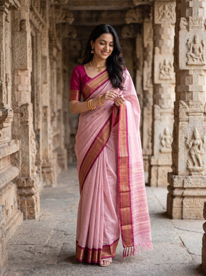 Semi Silk Pink Saree with Maroon Zari Floral Border