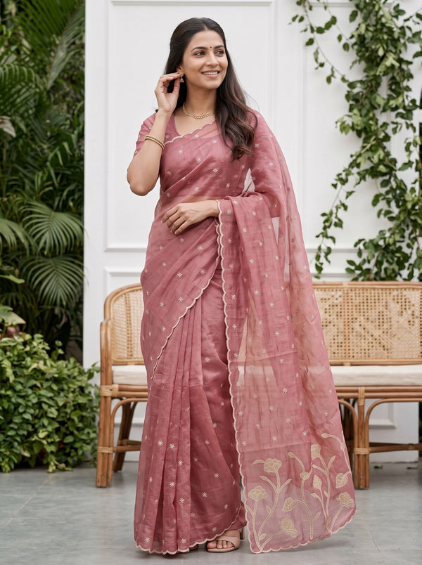 Organza Dusty Rose Pink Golden Floral Stem Applique Pallu Scalloped Edge  Saree