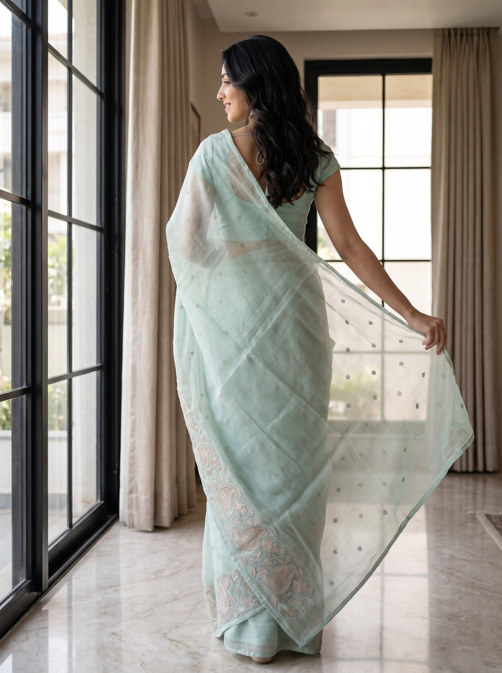 Organza Sage Green Paisley Floral Vine Embroidered Pallu