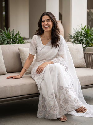 Organza Cream Ivory Grey Thread Rose Vine Applique Embroidered Pallu Sequin Dot Body Saree