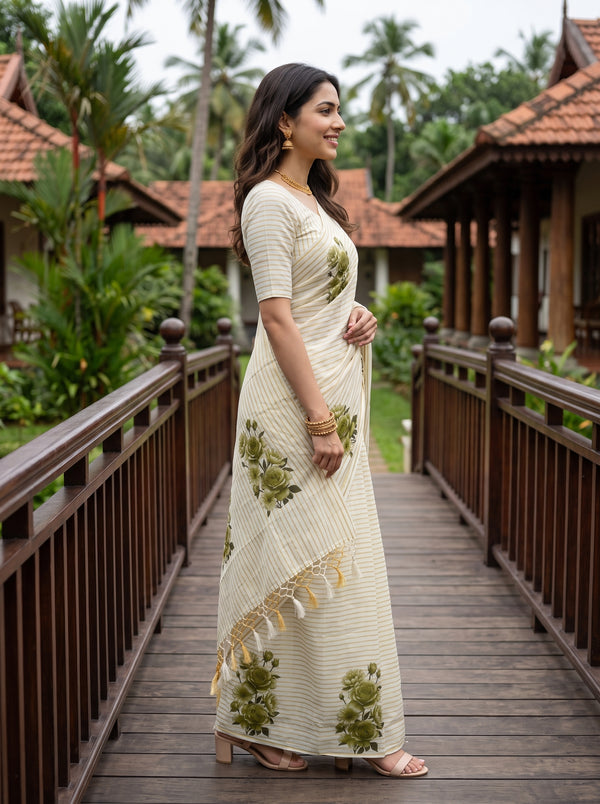 Cotton Cream Green Rose Print Saree with Gold Pinstripe